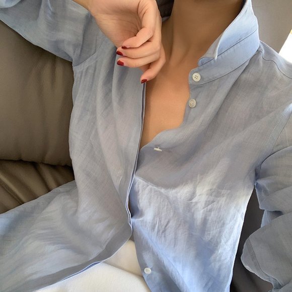 CHICJOC Women 100% Ramie Botton-down shirt size 36 in baby blue - Picture 11 of 16